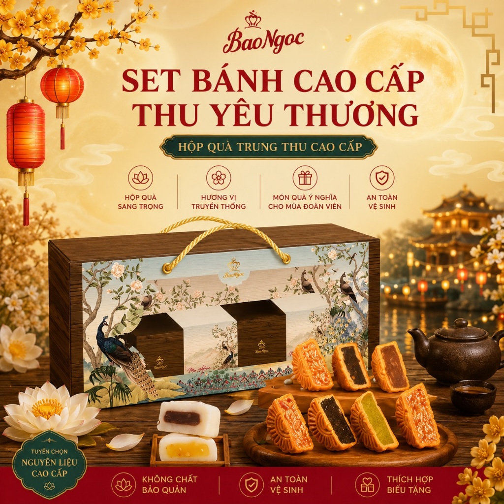 [ 80g/Bánh] Hộp 4 Bánh Trung Thu Bảo Ngọc Cao Cấp "Thu Yêu Thương" không đèn