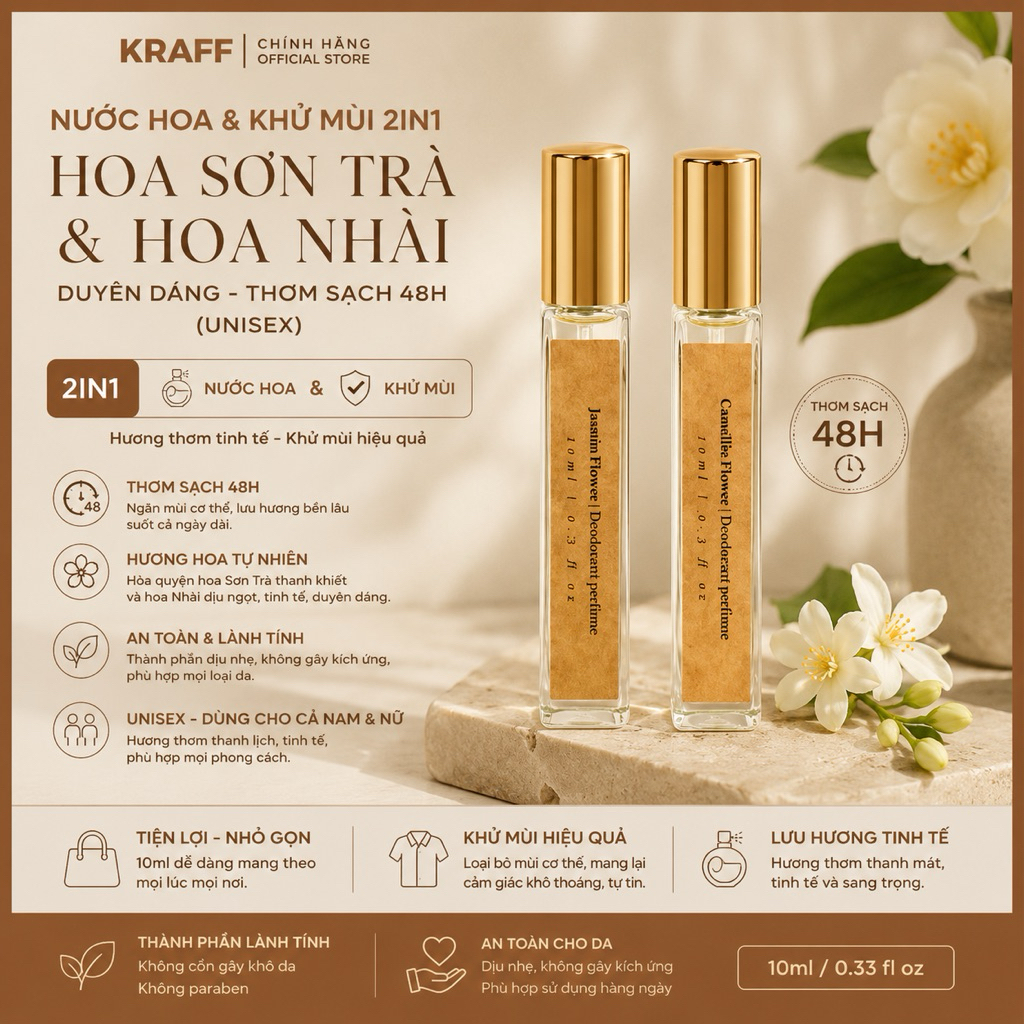 NƯỚC HOA & KHỬ MÙI 2IN1 HOA SƠN TRÀ & HOA NHÀI DUYÊN DÁNG - THƠM SẠCH 48H (unisex)