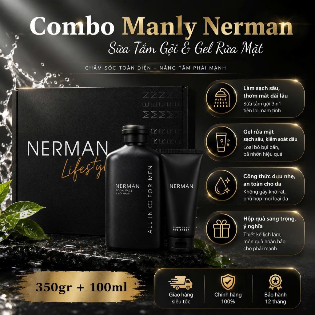 Combo Manly Nerman_Sữa Tắm Gội Gentleman Nerman 350ml & Gel Rửa Mặt Nano Curcumin 60s Fresh 100ml