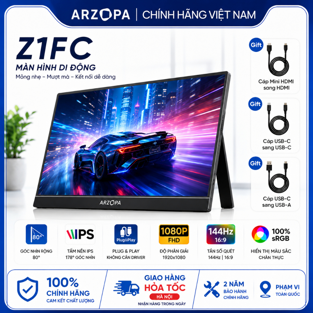 [Hỏa tốc Hà Nội] Màn Hình Di Động ARZOPA Z1FC 16.1" 144Hz IPS FHD |106% sRGB | USB-C HDMI | Full VAT