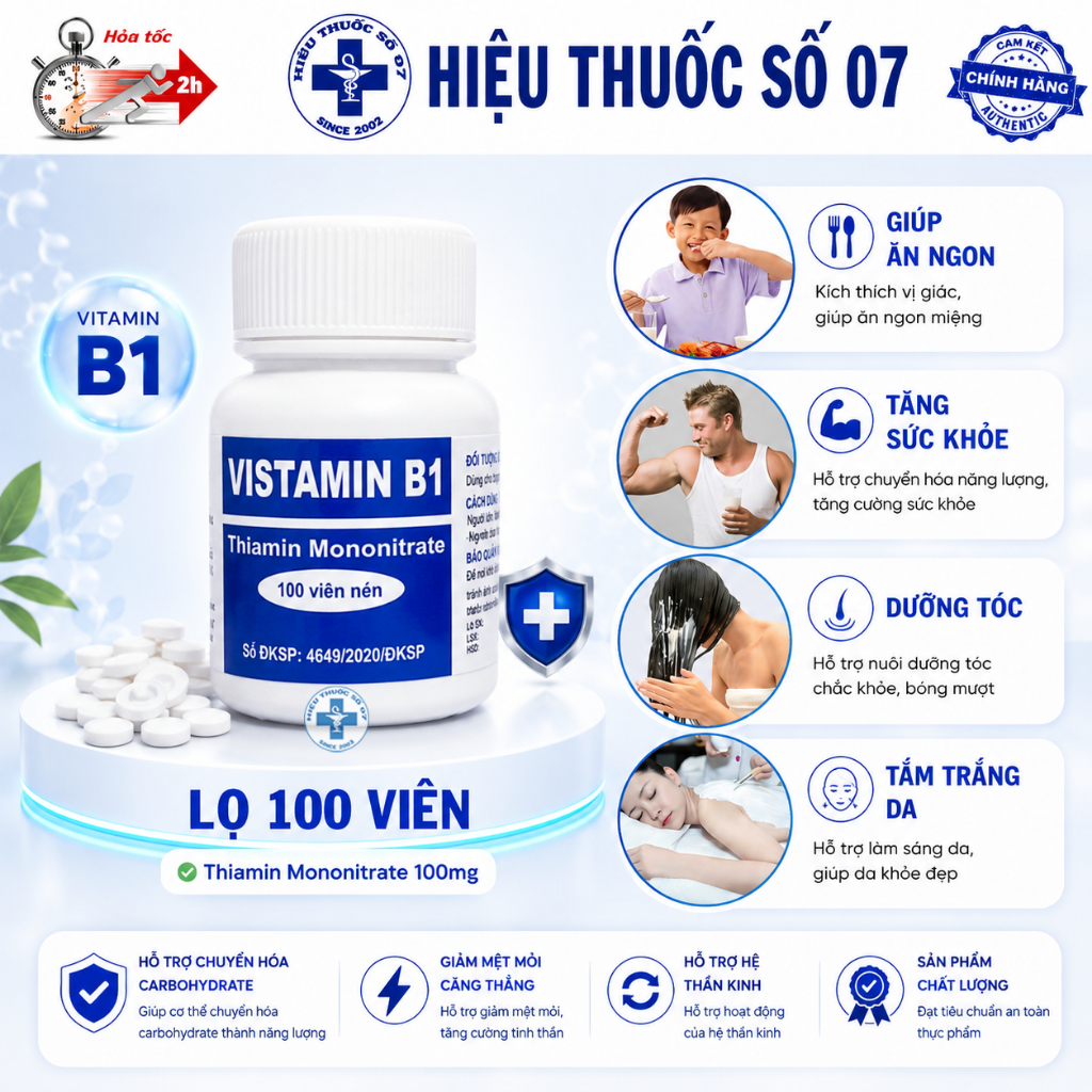 VISTAMIN B1 Bổ sung Vitamin B1 cho cơ thể, hỗ trợ cải thiện tình trạng thiếu vitamin - Lọ 100 viên