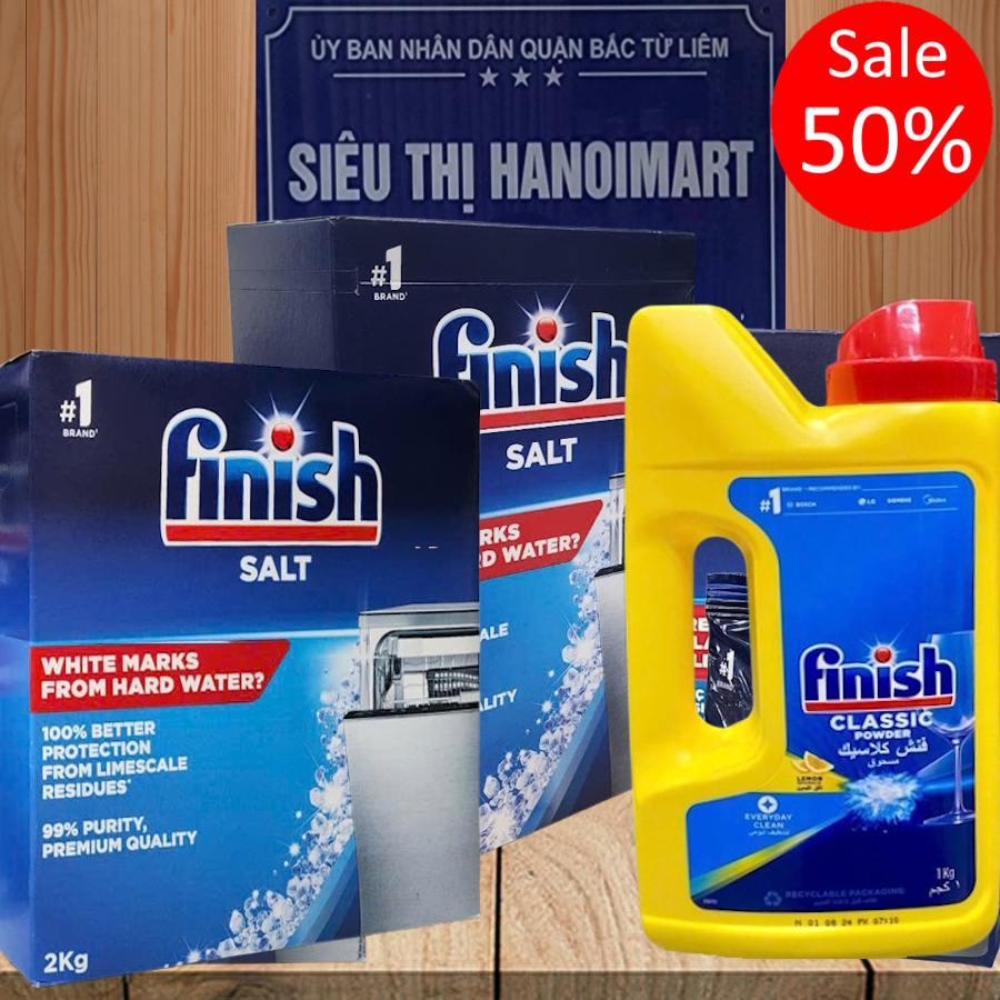 Muối rửa bát Finish 4kg, Finish salt 1.5kg, Muối Finish 1.2kg, muối làm mềm nước Finish cho máy