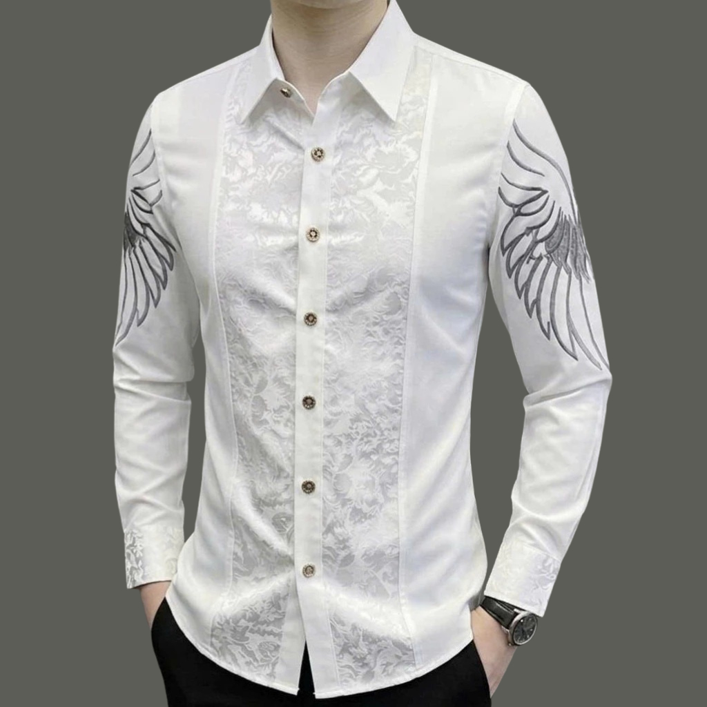 Áo Sơ Mi Nam Họa Tiết Phối Gấm Tay Dài Form Ôm Lịch Lãm Hàn Quốc H140
