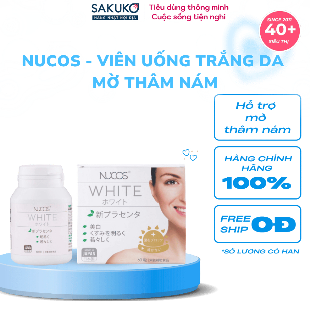 Viên uống Nucos White Nhật Bản 60 viên, giảm thâm nám, lão hóa, dưỡng sáng da, chống nắng bảo vệ da