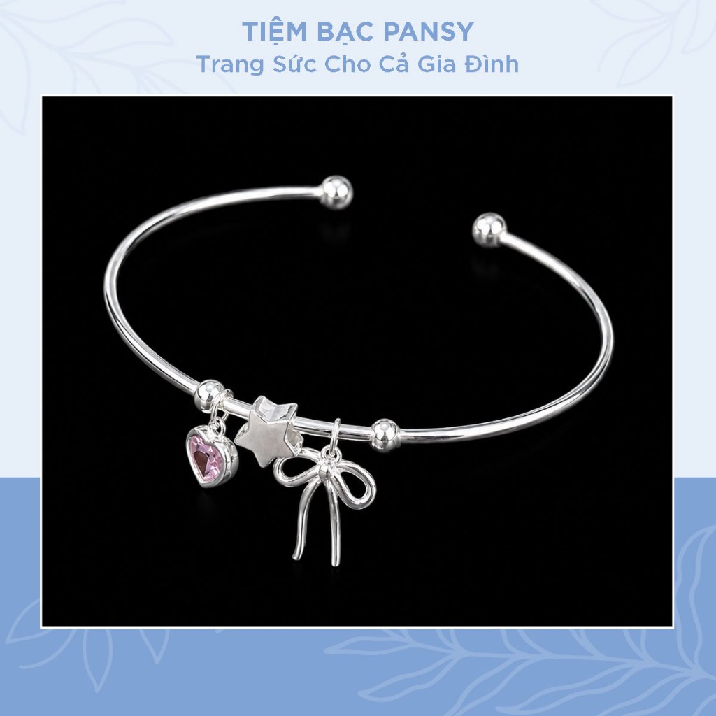 Lắc tay bạc nữ PANSY treo charm nơ thắt và trái tim đá hồng điểm ngôi sao may mắn