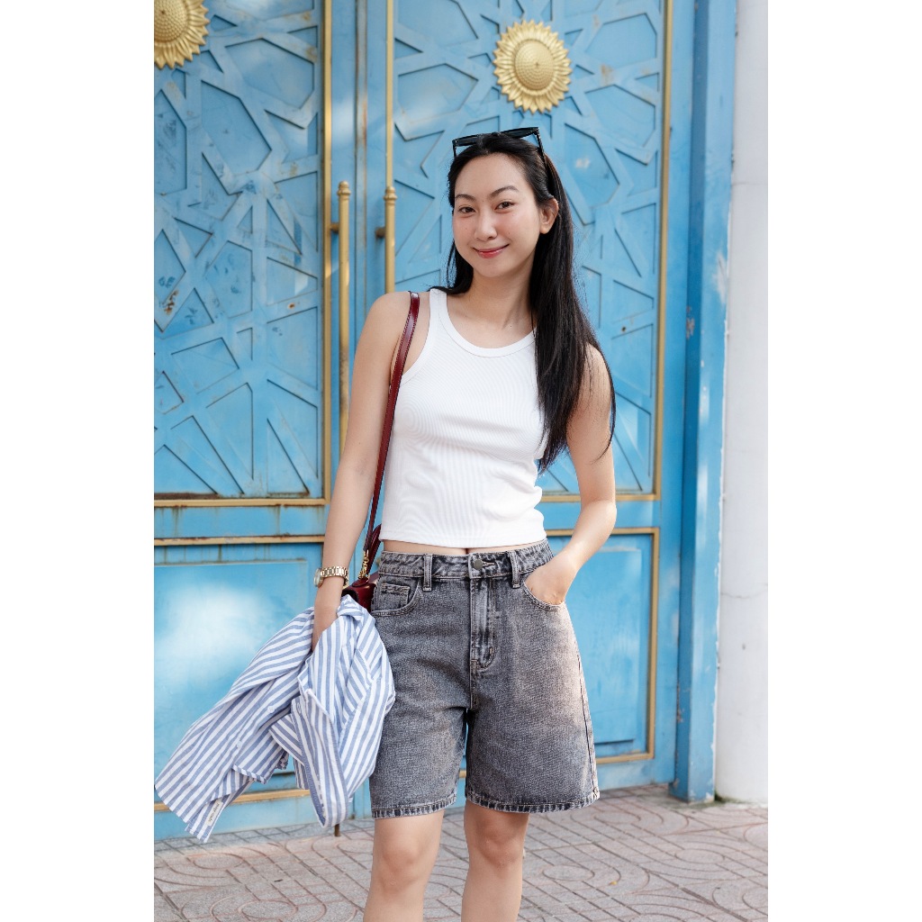 HASHTAGEM - Quần High Rise Denim Shorts Grey HDS.4 - Quần Short Ngố, Form Rộng Dáng Lửng, Denim Cao 