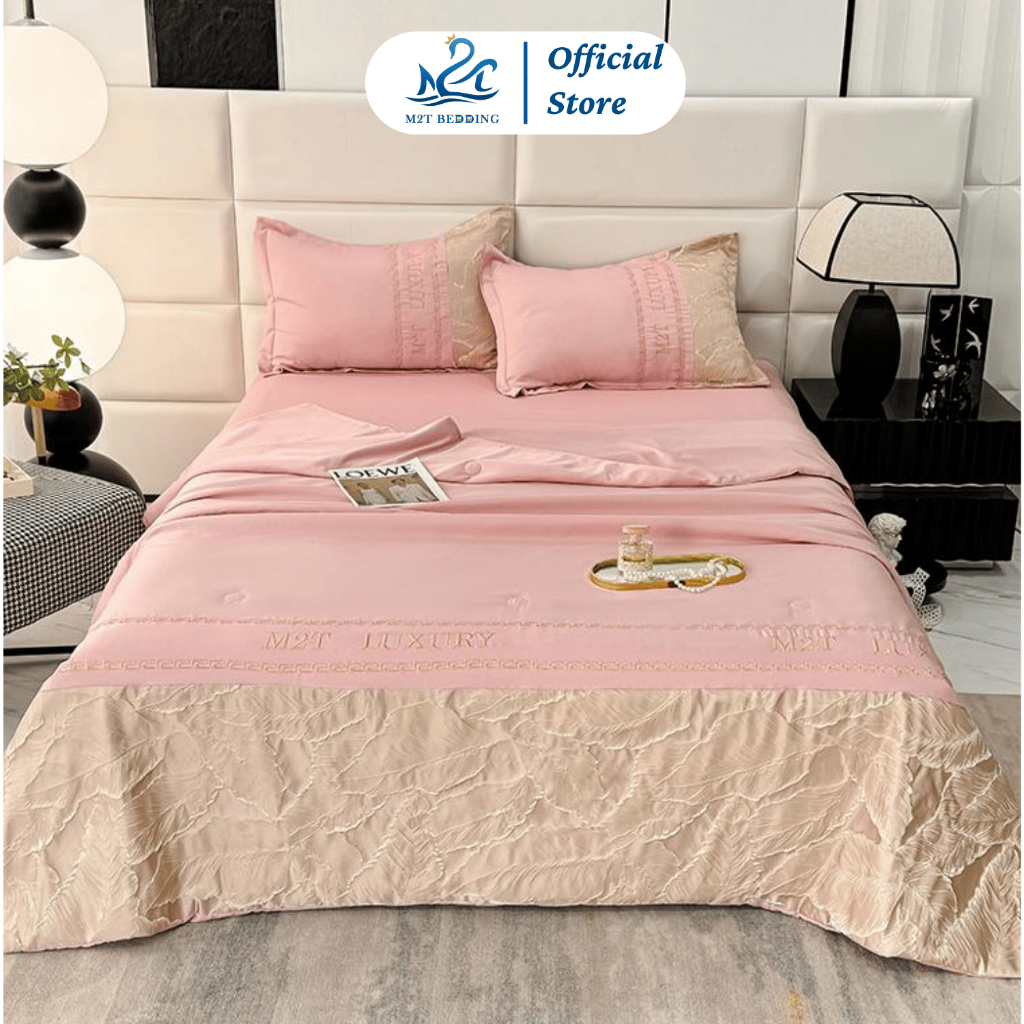 Bộ chăn ga gối M2T BEDDING LUXURY sang trọng - ga trải giường, 2 vỏ gối nằm,1 chăn chần bông hè mỏng