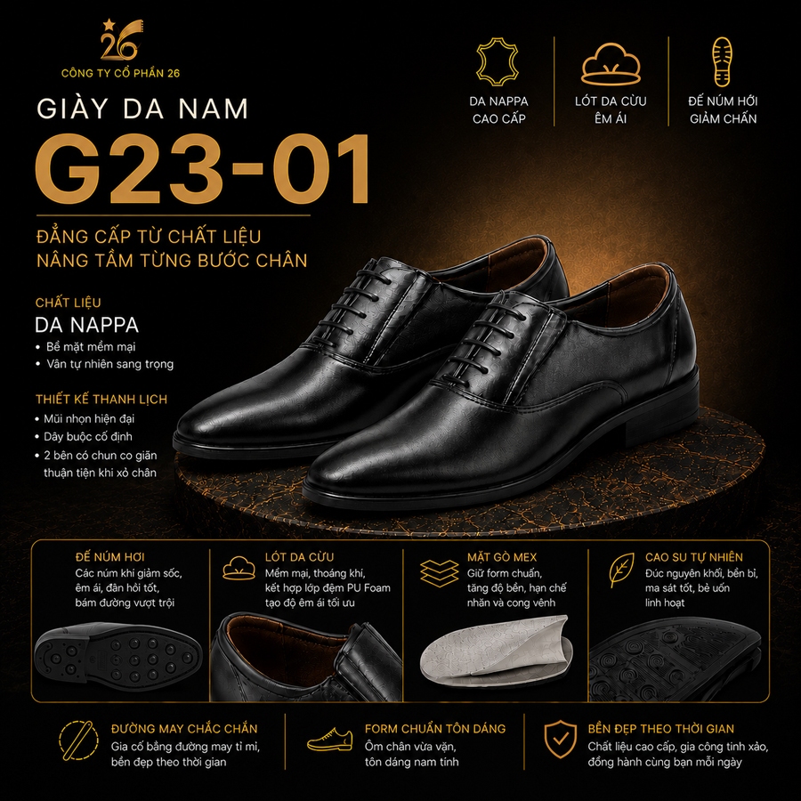 Giày da nam G23-01 da Nappa cao cấp Chính hãng Công ty Cổ phần 26 (*tặng kèm hộp xi + đón gót)