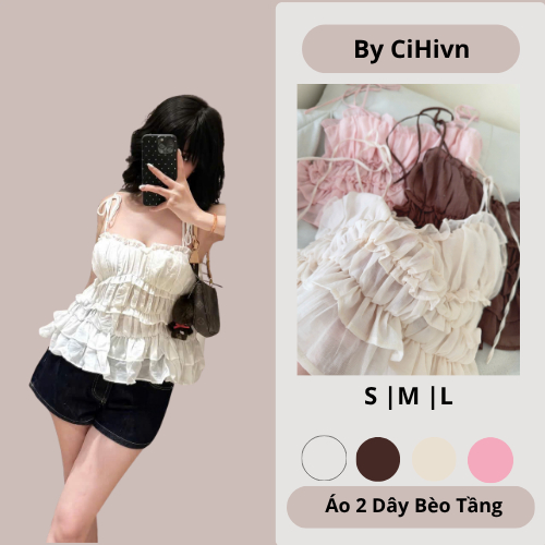 CiHivn -  Áo 2 Dây Nữ Bèo Tầng Voan Nhún Ngực Tiểu Thư Hàn Quốc Dáng Babydoll Xinh Xắn Tôn Dáng Đi C