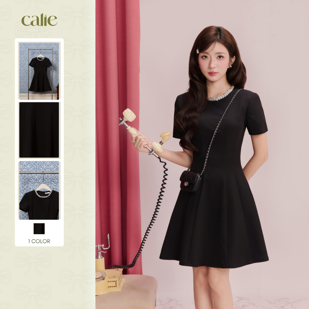 (Re:spring) Váy dáng xoè cổ viền dây đá, chất liệu cao cấp, form basic thanh lịch thời trang nữ Cali