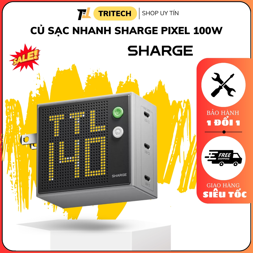 Củ sạc nhanh Sharge Pixel 100W, 140W công nghệ GaN với PD3.1, màn hình LED ma trận độc đáo, 3 cổng T