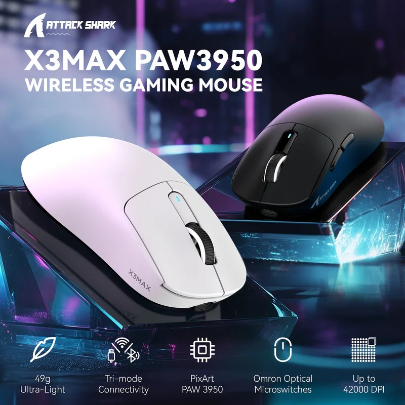 Chuột Gaming Không Dây Attack Shark X3 Max PAW3950 – Siêu Nhẹ 49G, Cảm Biến Flagship 42K DPI