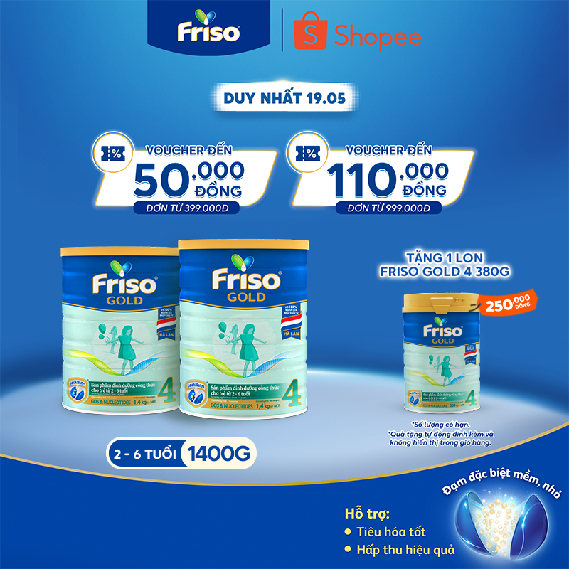 [Tặng 1 Lon Friso Gold 4 380g] Combo 2 Lon Sữa Bột Friso Gold 4 1400g/lon (cho trẻ từ 2-6 tuổi)