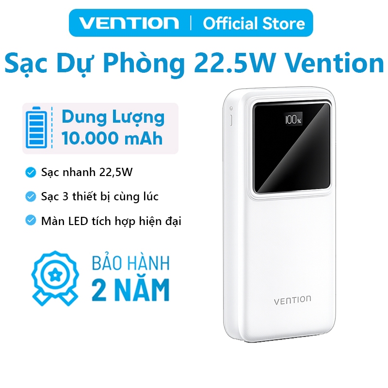 Pin Sạc Dự Phòng 10000mAh 22.5W Vention, 3 Cổng Sạc USB/Type-C/Micro, Hỗ Trợ Sạc Nhanh | BigBuy360 - bigbuy360.vn