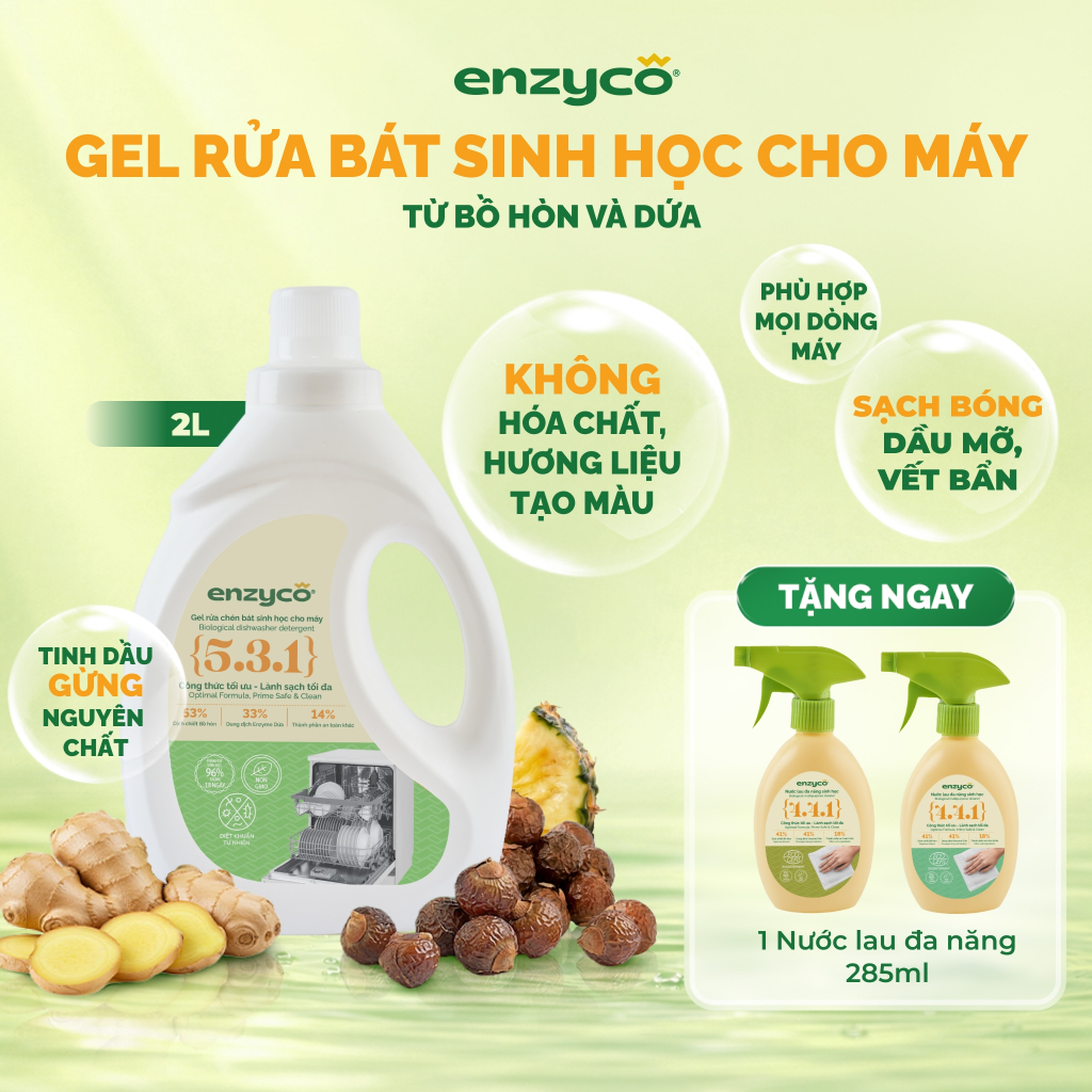 Gel Rửa Bát Sinh Học Chuyên Dùng Cho Máy Rửa Bát ENZYCO, Không Mùi Hóa Chất - Chiết Xuất Bồ Hòn và E