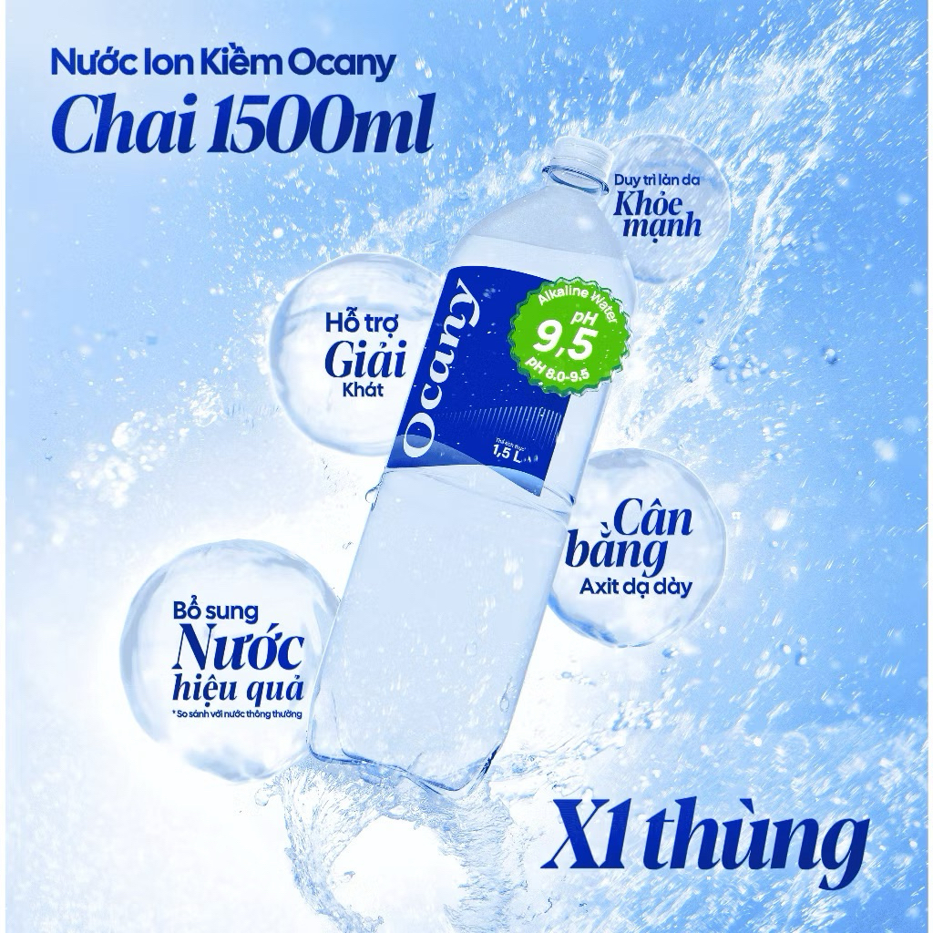Ocany - Thùng 12 chai 1500ml Nước uống Ion kiềm Cao cấp pH9.5 trung hoà axit dạ dày, bù khoáng