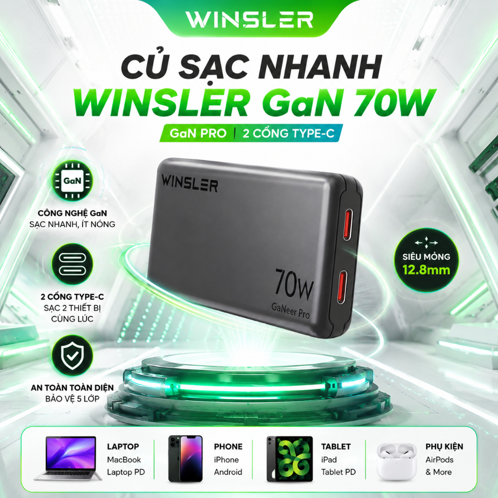 Củ Sạc Nhanh GaN 70W Winsler 2C Slim Siêu Mỏng - Dành Cho Laptop, Điện Thoại