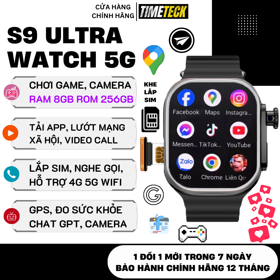 Đồng hồ thông minh S9 ULTRA 5G – Lắp SIM, Nghe gọi, Camera xoay, Tải App CH Play, RAM 8GB BH12T