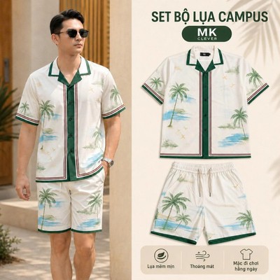 Set Bộ Nam Campus MK CLEVER chất lụa mịn mát, áo thiết kế cổ Cuban thoáng mát, co giãn, form dáng thoải mái, trẻ trung