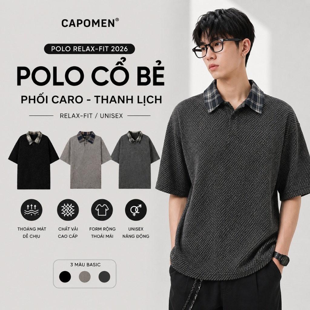 Áo Polo Nam Capo Men Cổ Bẻ Phối Caro Form Rộng Relax Fit Unisex Tay Lỡ Vải Mềm Thoáng Mát Trend Hàn
