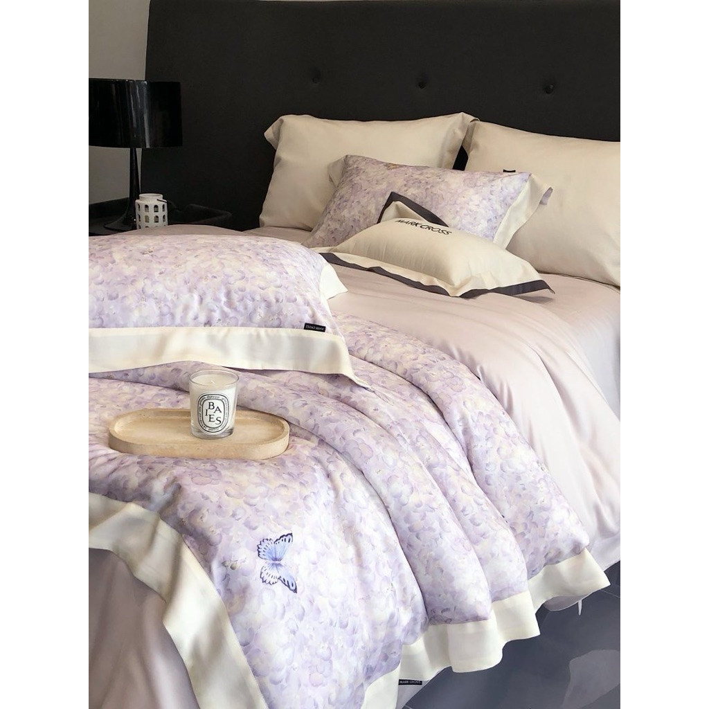 Bộ chăn ga gối Tencel 100s Mark Cross in hoa văn chăn chần bông