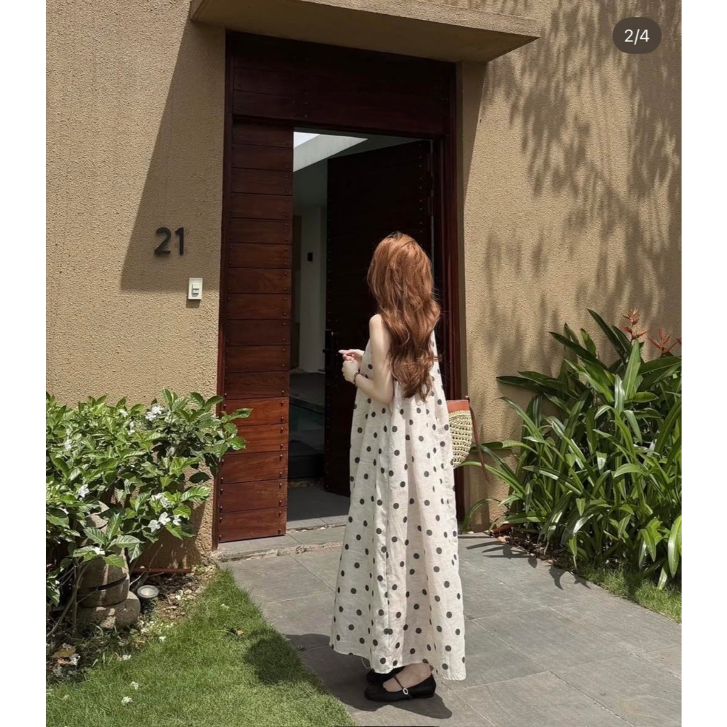 VÁY MAXI DÁNG DÀI CỔ V VẢI LINEN HỌA TIẾT CHẤM BI VÁY ĐI BIỂN CHẤM BI - DÀNH CHO NỮ | BigBuy360 - bigbuy360.vn