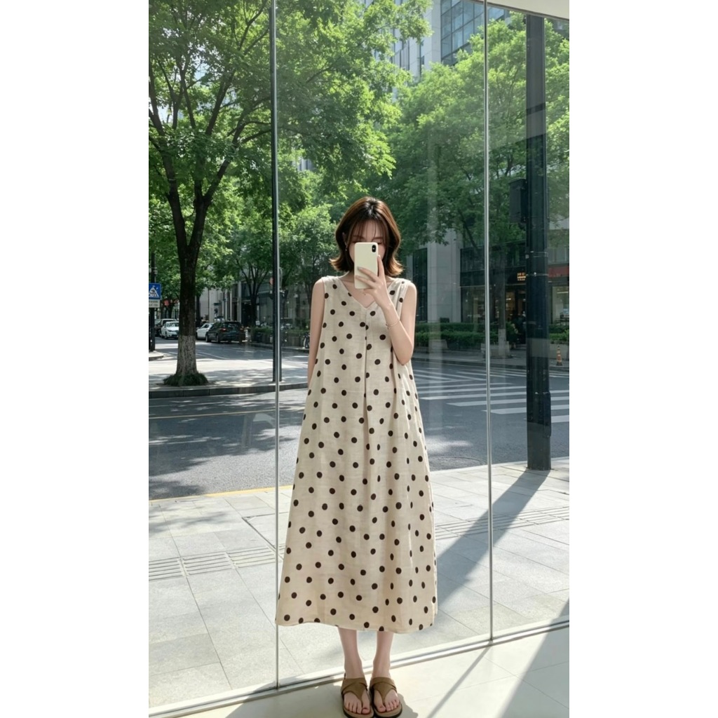 VÁY MAXI DÁNG DÀI CỔ V VẢI LINEN HỌA TIẾT CHẤM BI VÁY ĐI BIỂN CHẤM BI - DÀNH CHO NỮ | BigBuy360 - bigbuy360.vn