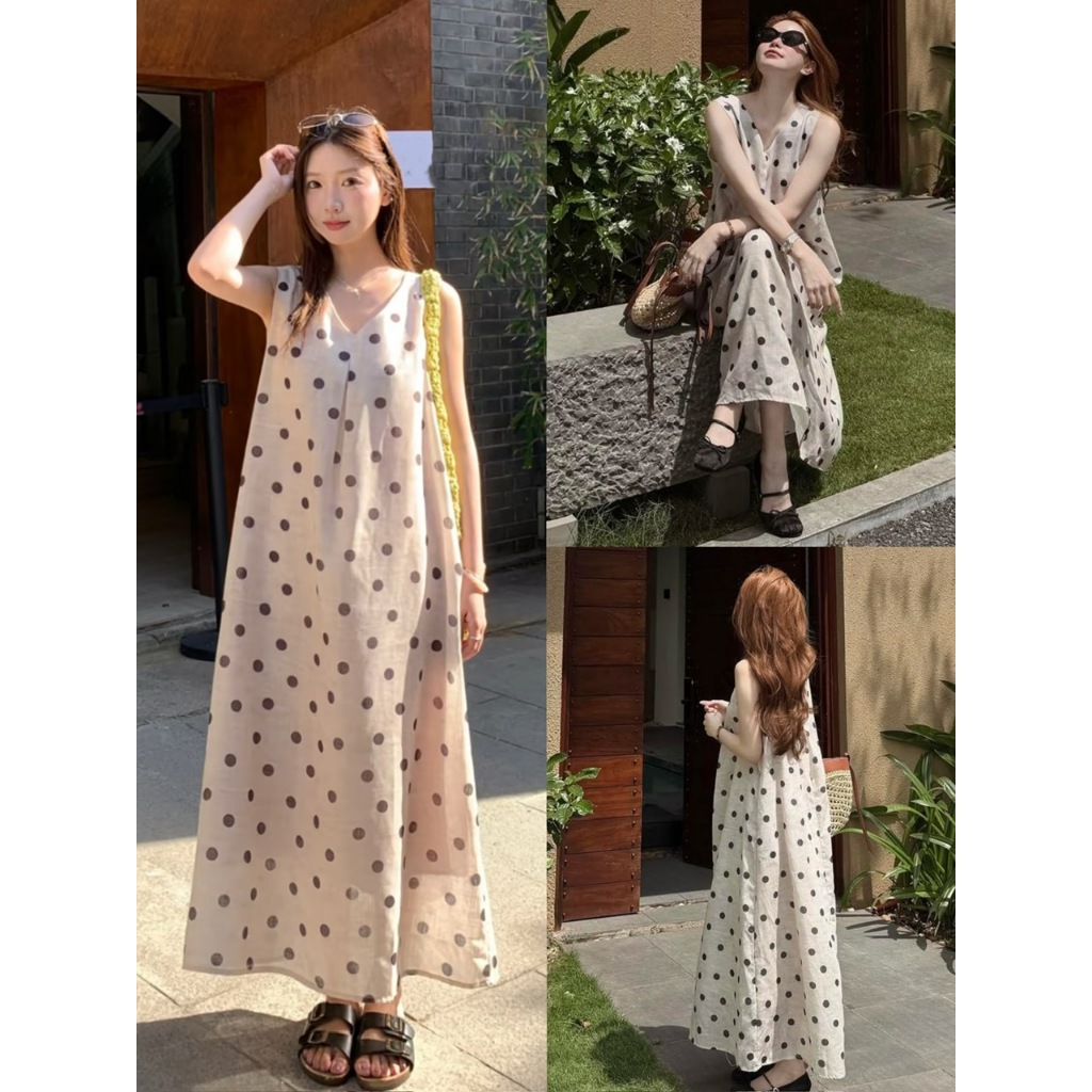 VÁY MAXI DÁNG DÀI CỔ V VẢI LINEN HỌA TIẾT CHẤM BI VÁY ĐI BIỂN CHẤM BI - DÀNH CHO NỮ