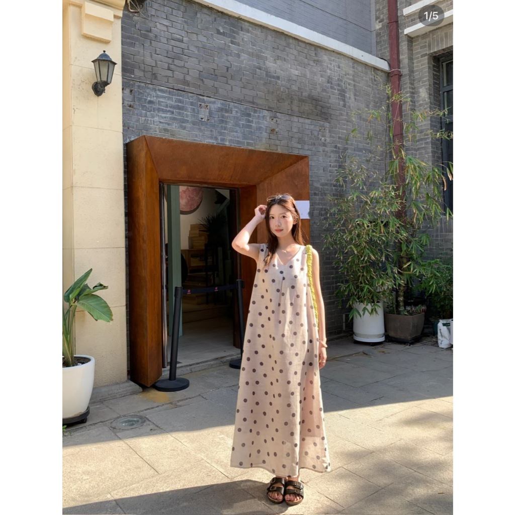 VÁY MAXI DÁNG DÀI CỔ V VẢI LINEN HỌA TIẾT CHẤM BI VÁY ĐI BIỂN CHẤM BI - DÀNH CHO NỮ | BigBuy360 - bigbuy360.vn