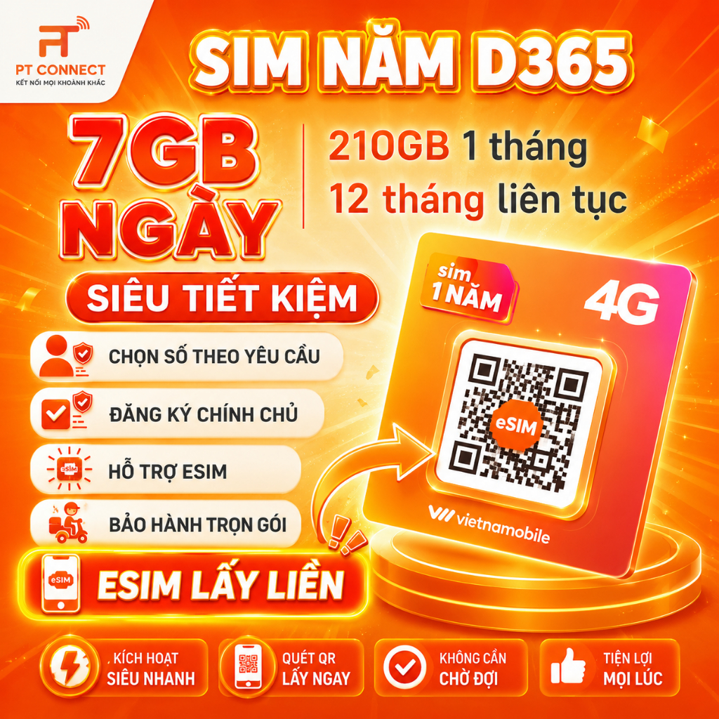 Sim 1 Năm 7GB/Ngày Vietnamobile – D365 – Data tốc độ cao 210GB/Tháng, eSIM lấy liền