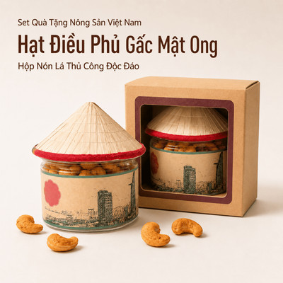 Set Quà Tặng Nông Sản Việt Nam, Điều Sấy Gấc Mật Ong, Hộp Nón Lá Thủ Công Việt Nam