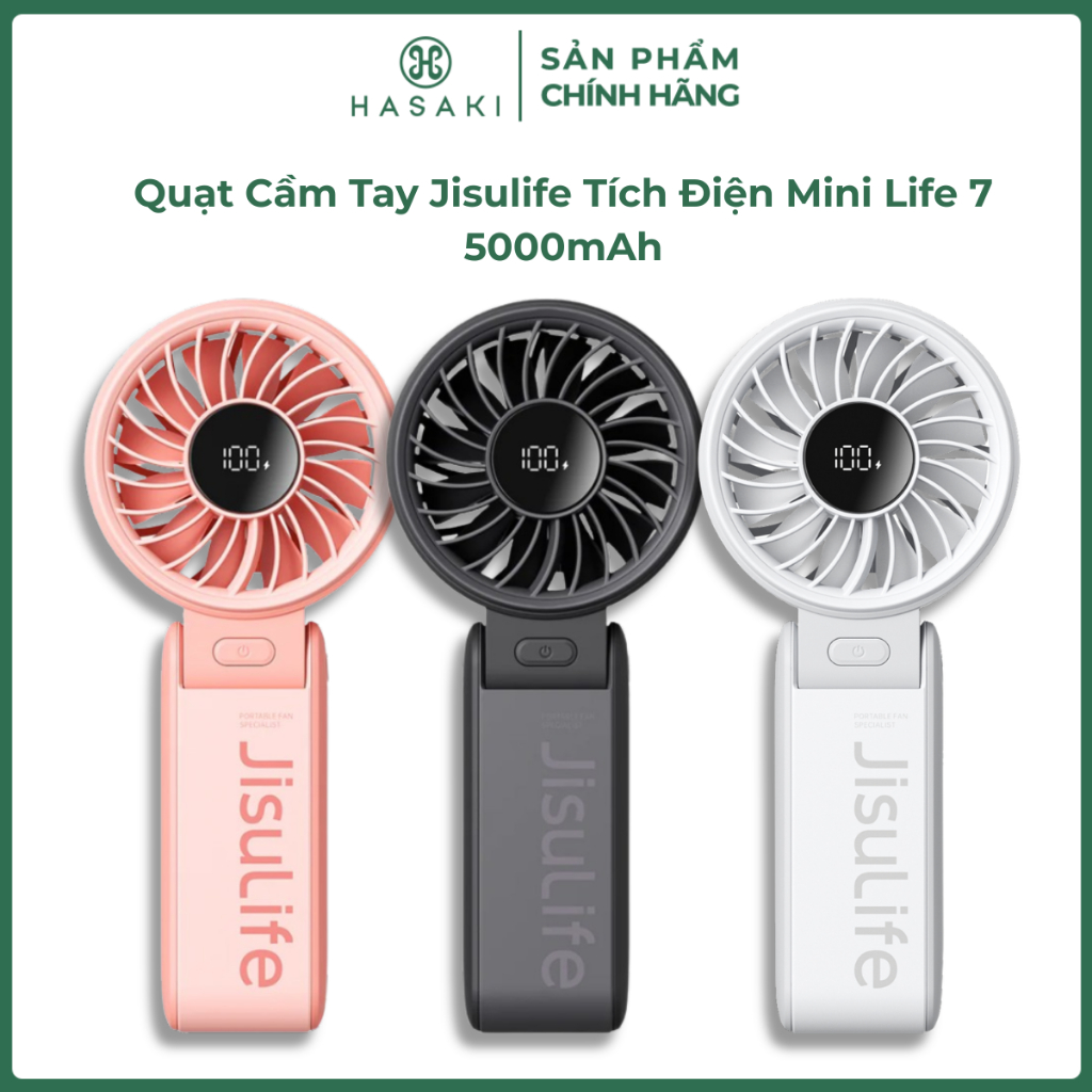 Quạt Cầm Tay Jisulife Tích Điện Mini Life 7, 5000mAh Màu Trắng Xám-Hồng-Đen Handheld Fan Life7 Hasak
