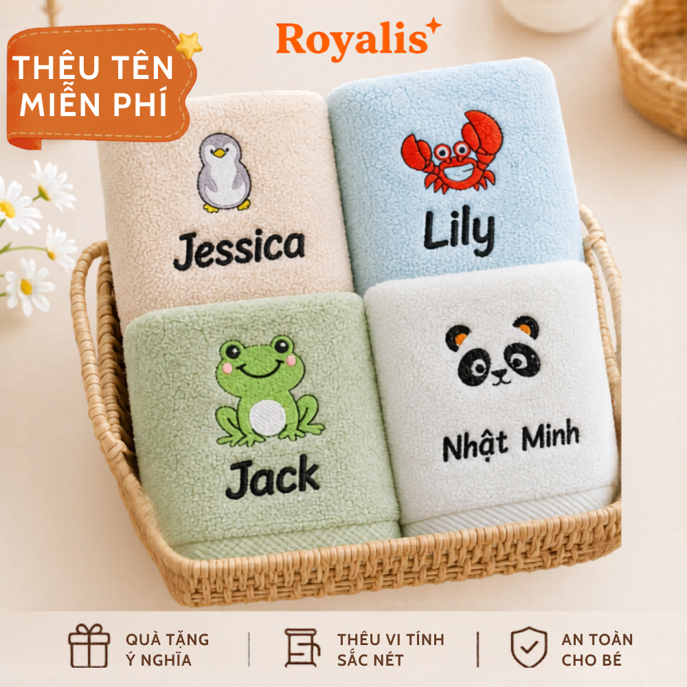 Khăn cho bé ROYALIS hình động vật, khăn cotton cao cấp cá nhân hóa, mềm mại…