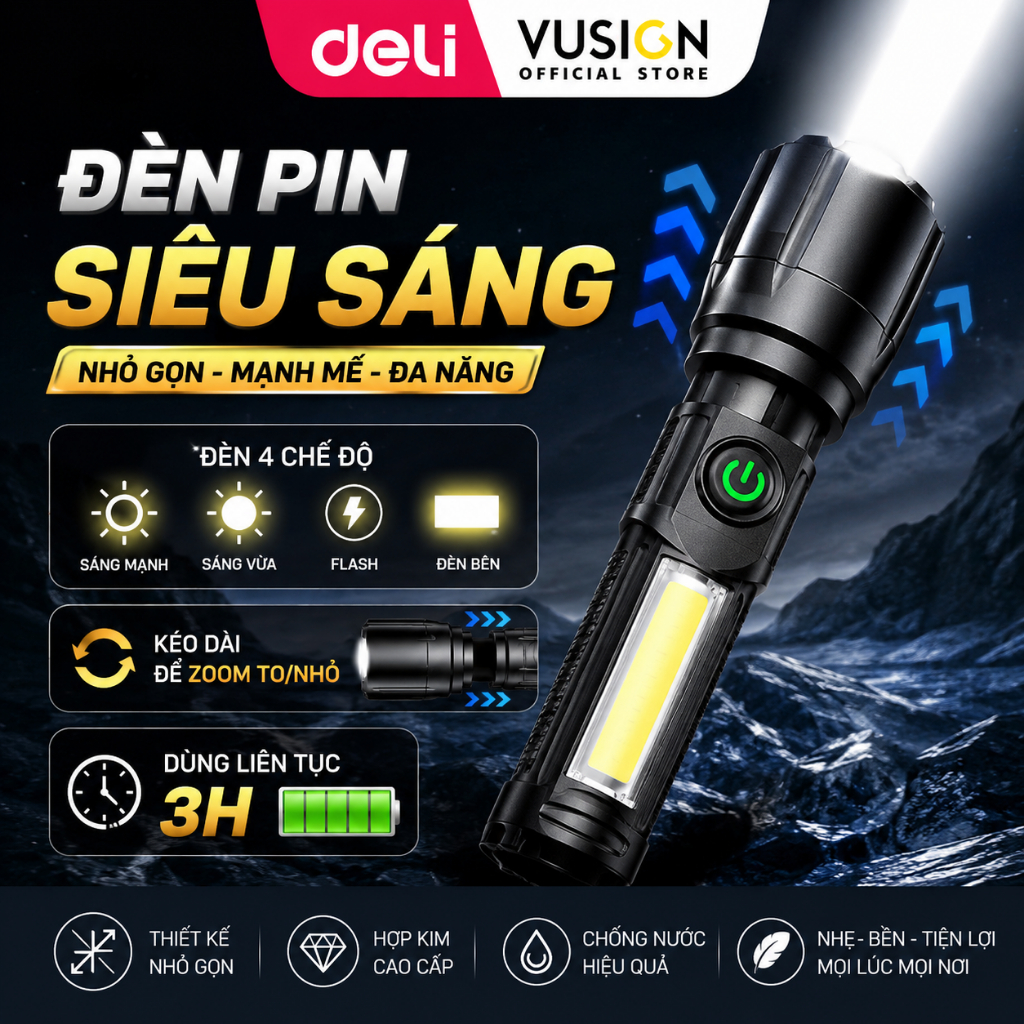 Đèn pin cầm tay Deli siêu sáng - 4 chế độ đèn có dải LED - dùng liên tục 3H nhỏ gọn