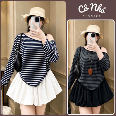 Set Áo Váy Bigsize Nữ Áo Trễ Vai Form Rộng Kẻ Sọc Tay Dài Kèm Chân Váy Bí Dễ Thương A319+CV413