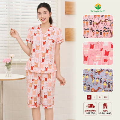 Đồ bộ nữ Pijama lanh mặc nhà thời trang Việt Thắng,quần lửng áo cộc tay họa tiết dễ thương B06.6101