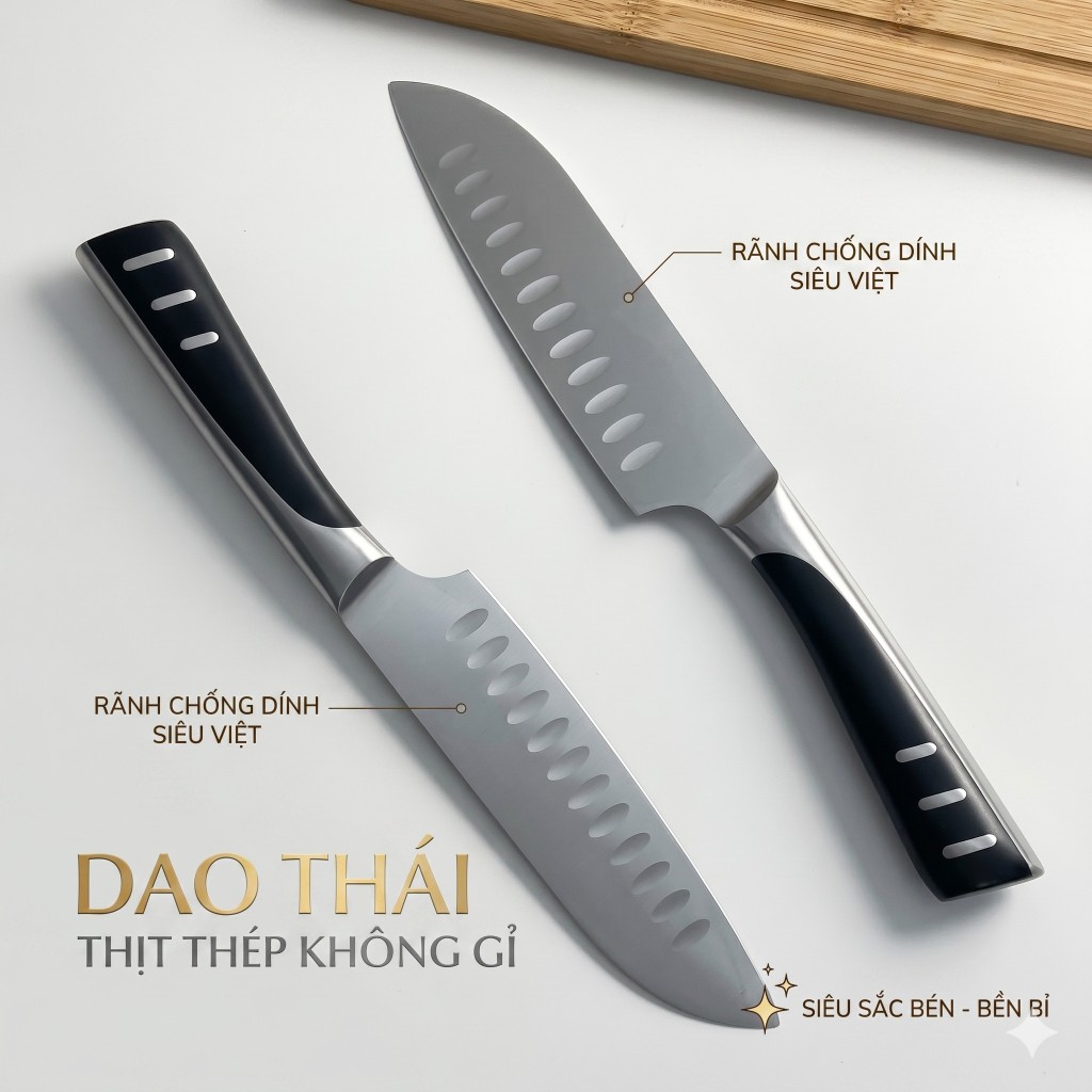 Dao Santoku nhỏ 5"  ,Lưỡi thép cacbon 5CR15 sắc bền bỉ, cán inox 430 không gỉ.