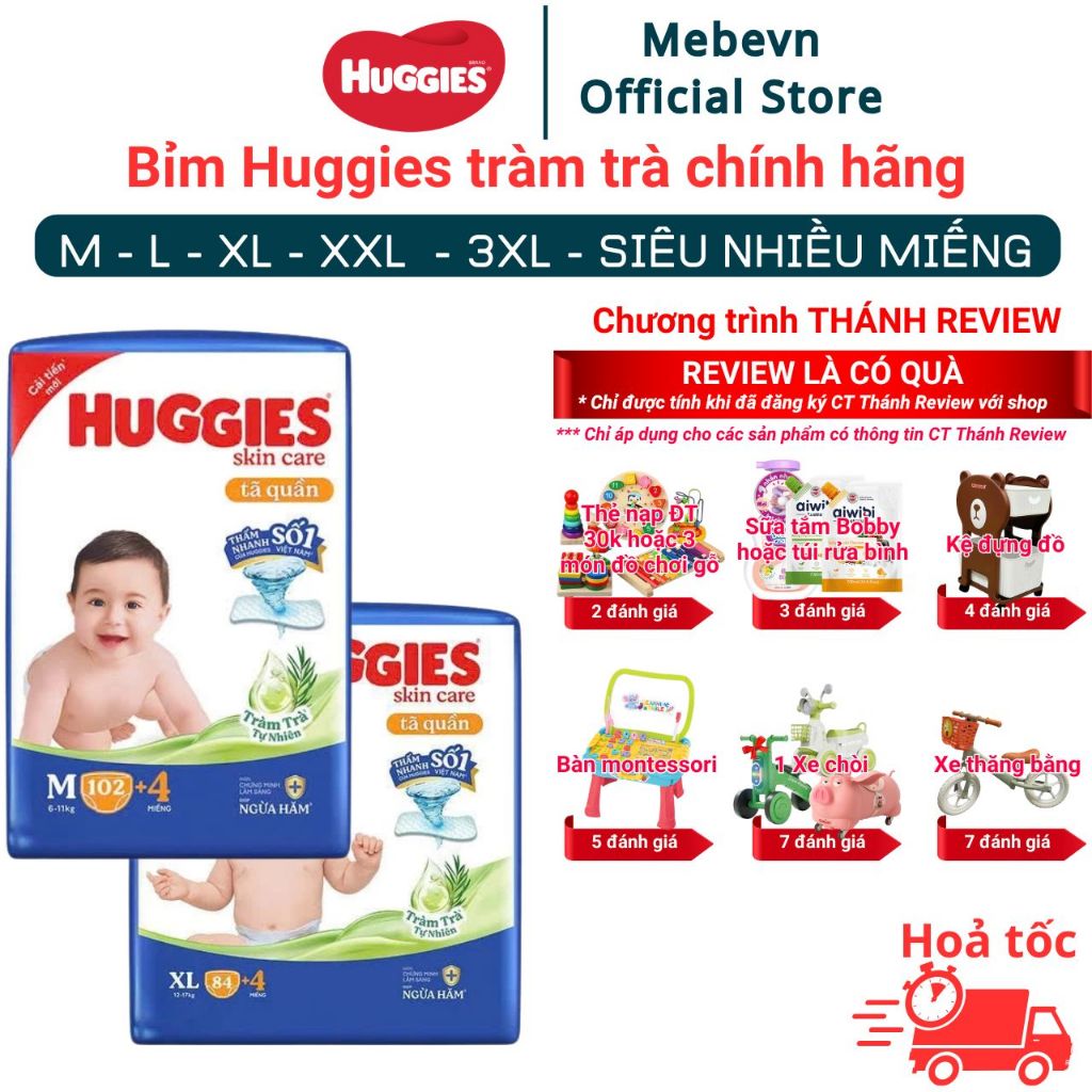 Bỉm Huggies Tràm Trà Chính Hãng, Huggies tràm trà siêu nhiều miếng đủ size M/L/XL/XL/XXL/XXXL