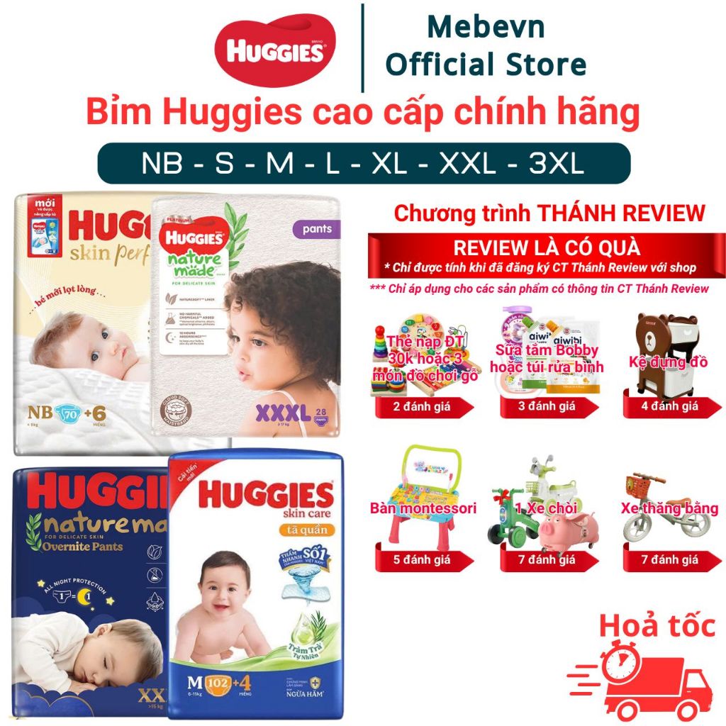 [FBS] Bỉm Huggies Skin Perfect & Huggies Tràm Trà, Huggies Natural Made size NB/S/M/L/XL/XXL/XXXL