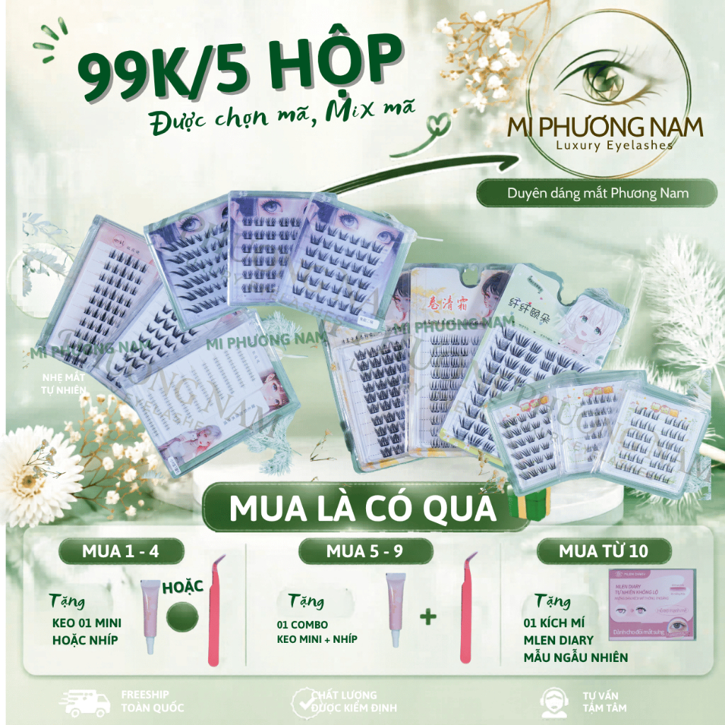 Mi giả combo 5 hộp 99k tặng kèm keo nhíp - được chọn mix mã - Mi giả style Hàn Quốc - Mi Phương Nam