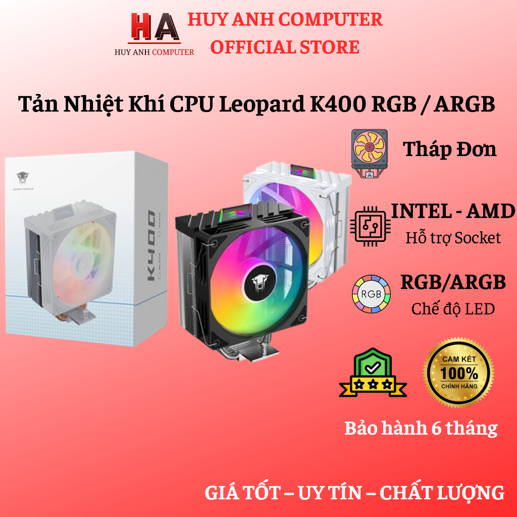 Tản Nhiệt Khí CPU Leopard K400 RGB / ARGB (Đen/Trắng) - Tặng kèm keo tản nhiệt