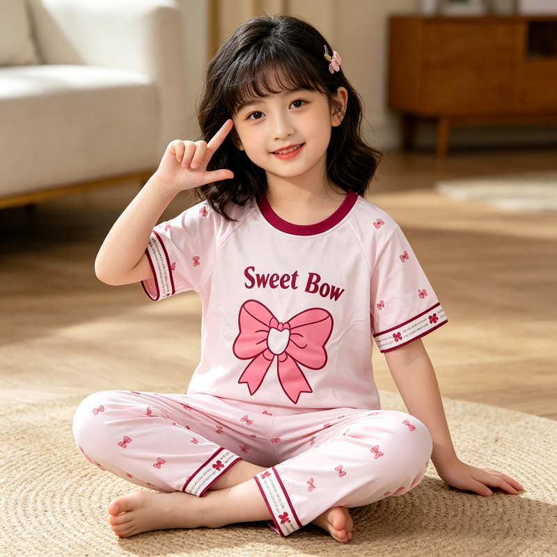 Sweet Style Pink Bow Kids Girl Loungewear Soft Material for Teenagers Short Sleeve Long Pants Kids P