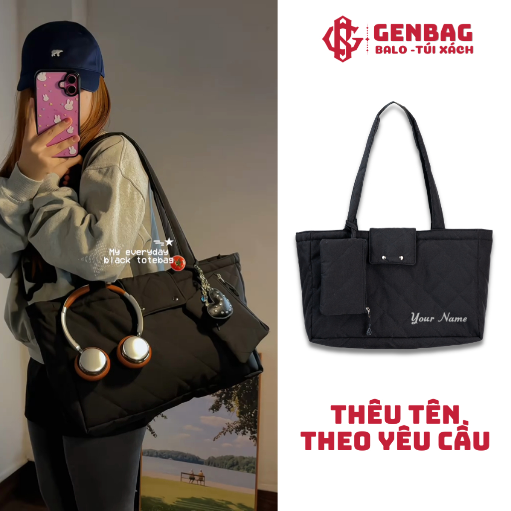 Túi tote chần phao nắp gập cỡ lớn có khóa kéo GENBAG túi đeo vai công sở đựng đồ đa năng thời trang TT14