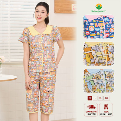 Bộ pijama nữ mặc nhà chất Cotton rayon Việt Thắng, quần lửng áo cộc tay cổ bèo họa tiết - B46.6057