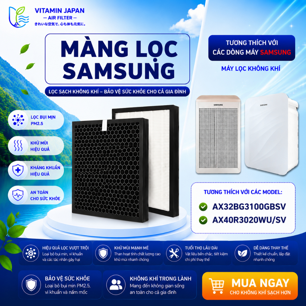 Màng Lọc Không Khí Samsung: AX40R3020WU/SV - AX32BG3100GBSV. Bộ Màng Lọc Kết Hợp Hepa Than Hoạt Tính