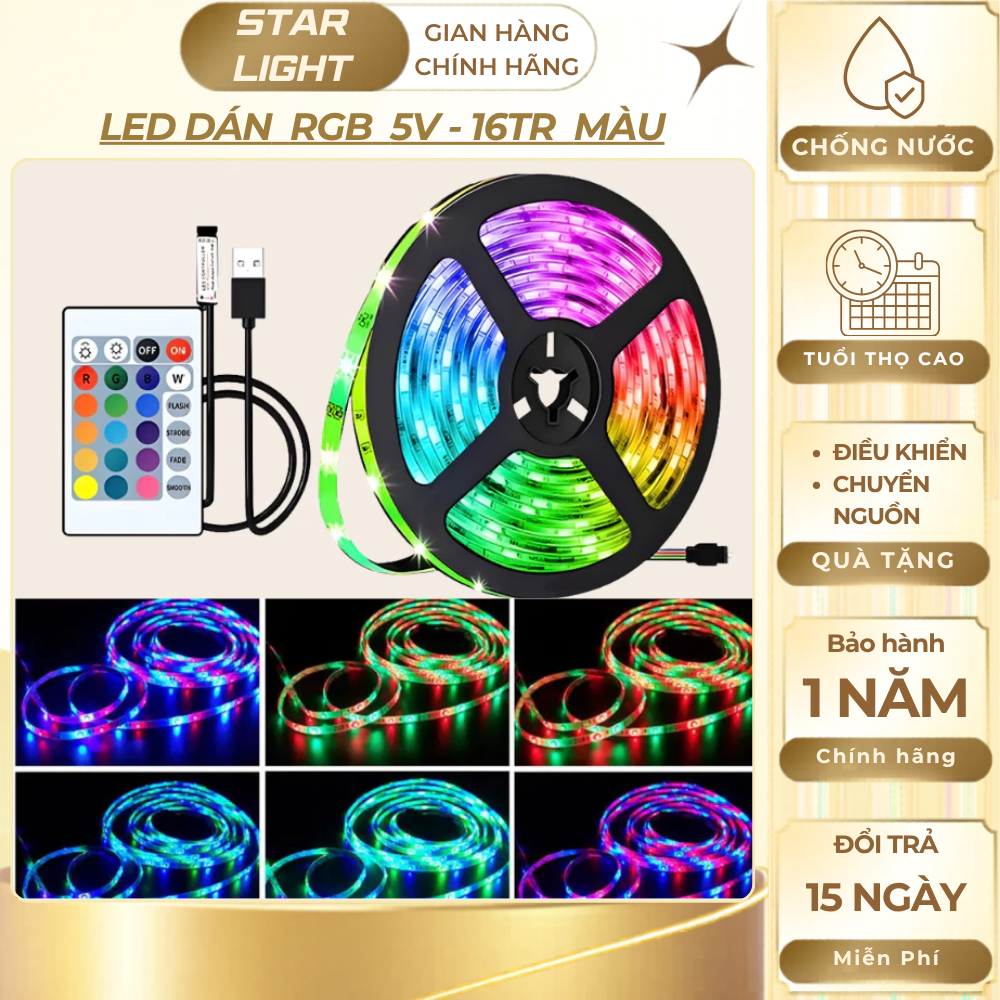 Dây đèn led dán RGB 16 triệu màu - Đèn Led cuộn 5M trang trí phòng/pc điều khiển từ xa