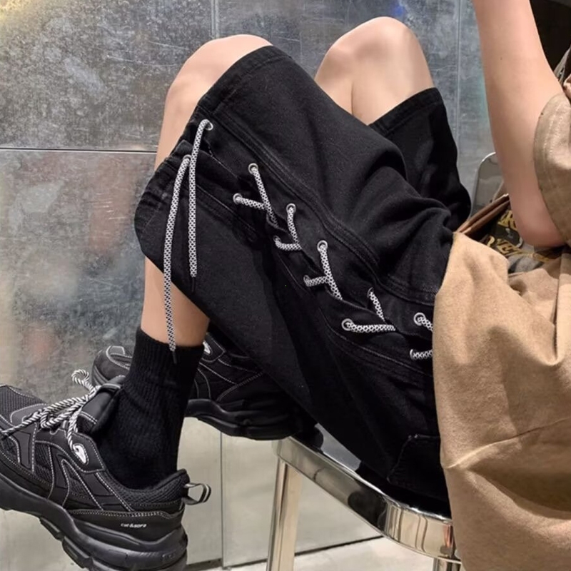TUNKS Quần Short Jean Nam 2 Màu Dây Rút Bên - Chất Denim Mềm Mại | Phong Cách Streetwear Mỹ
