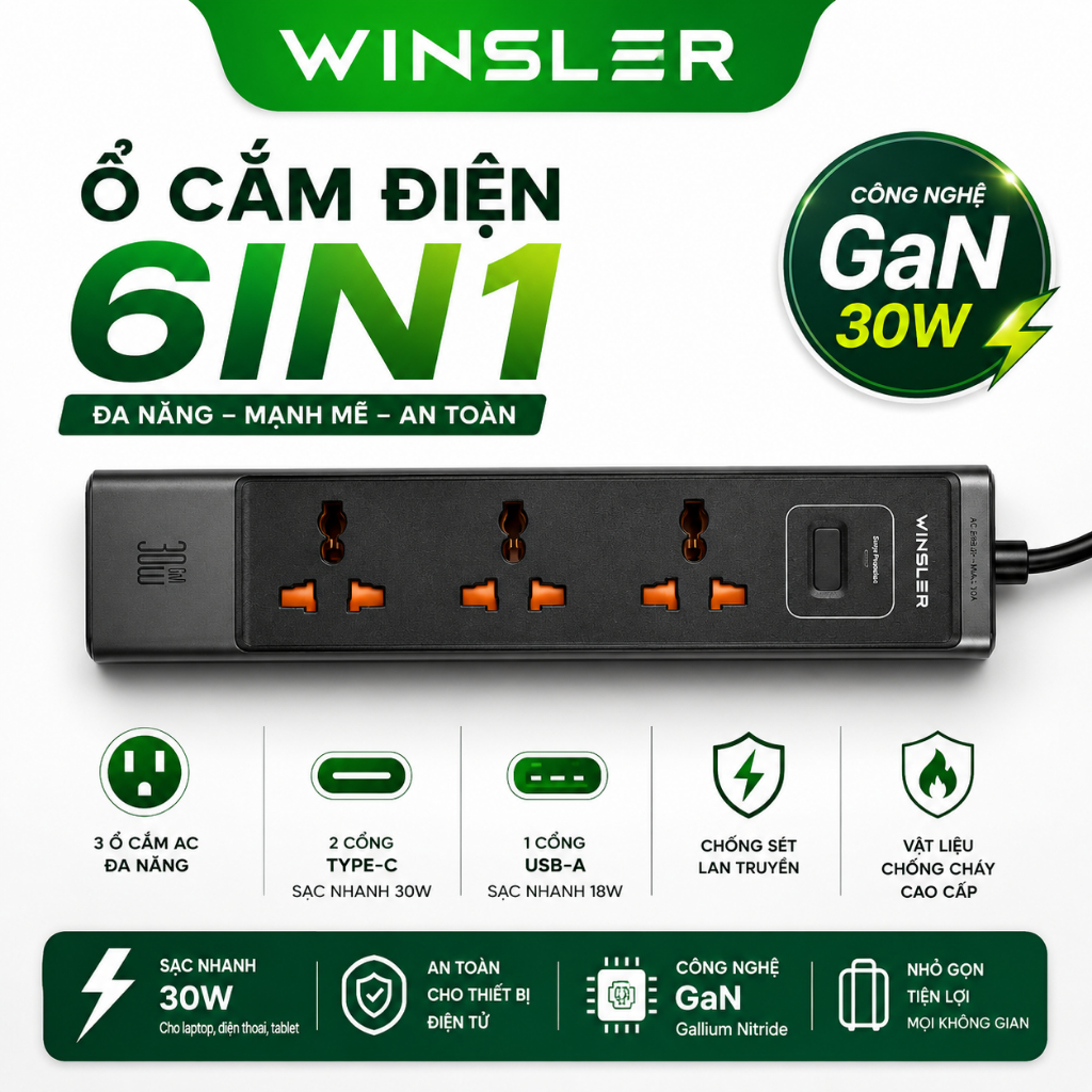 Ổ cắm điện Winsler chống giật 6 trong 1, ổ điện đa năng 6 cổng tích hợp sạc nhanh GaN 30W tiện lợi