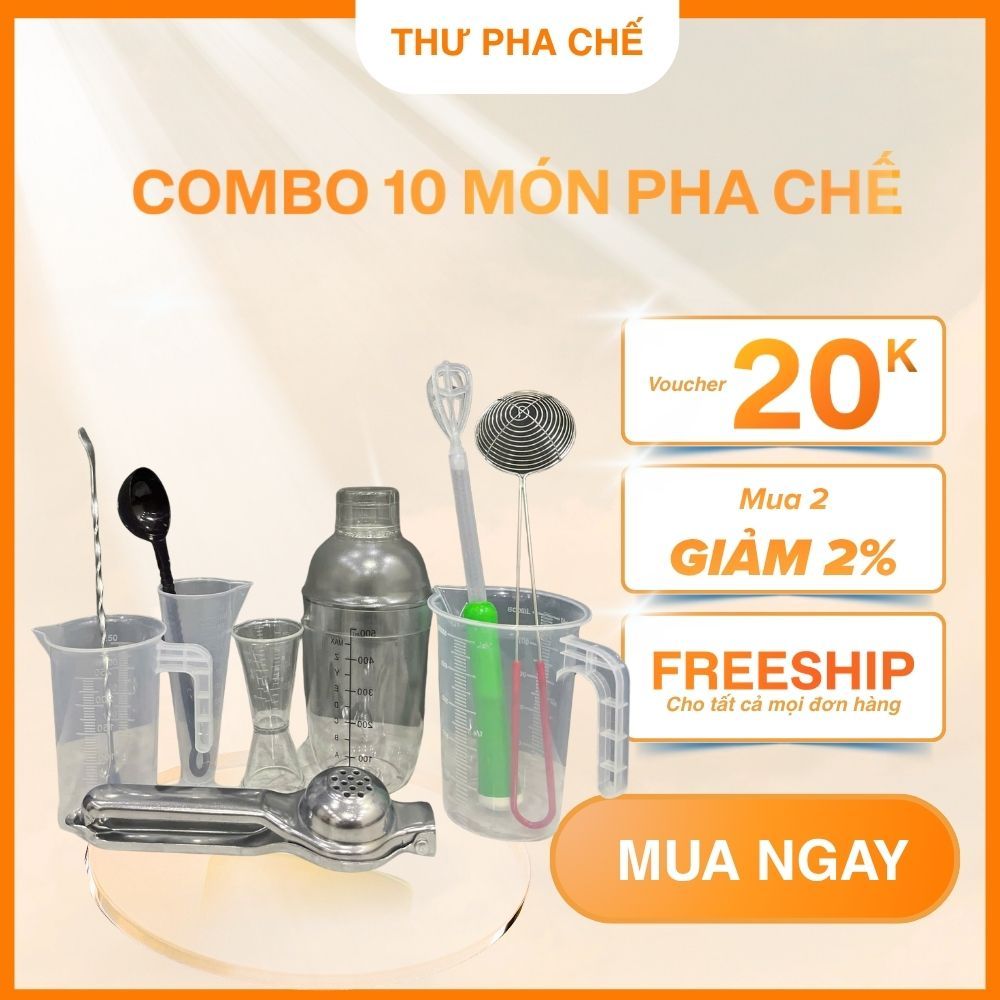 Combo 10 Món Dụng Cụ Pha Chế Trà Chanh Trà Sữa Cà Phê - 10 Món Bình Lắc Shaker 500ml, Kẹp Canh, Ca Đong Định Lượng