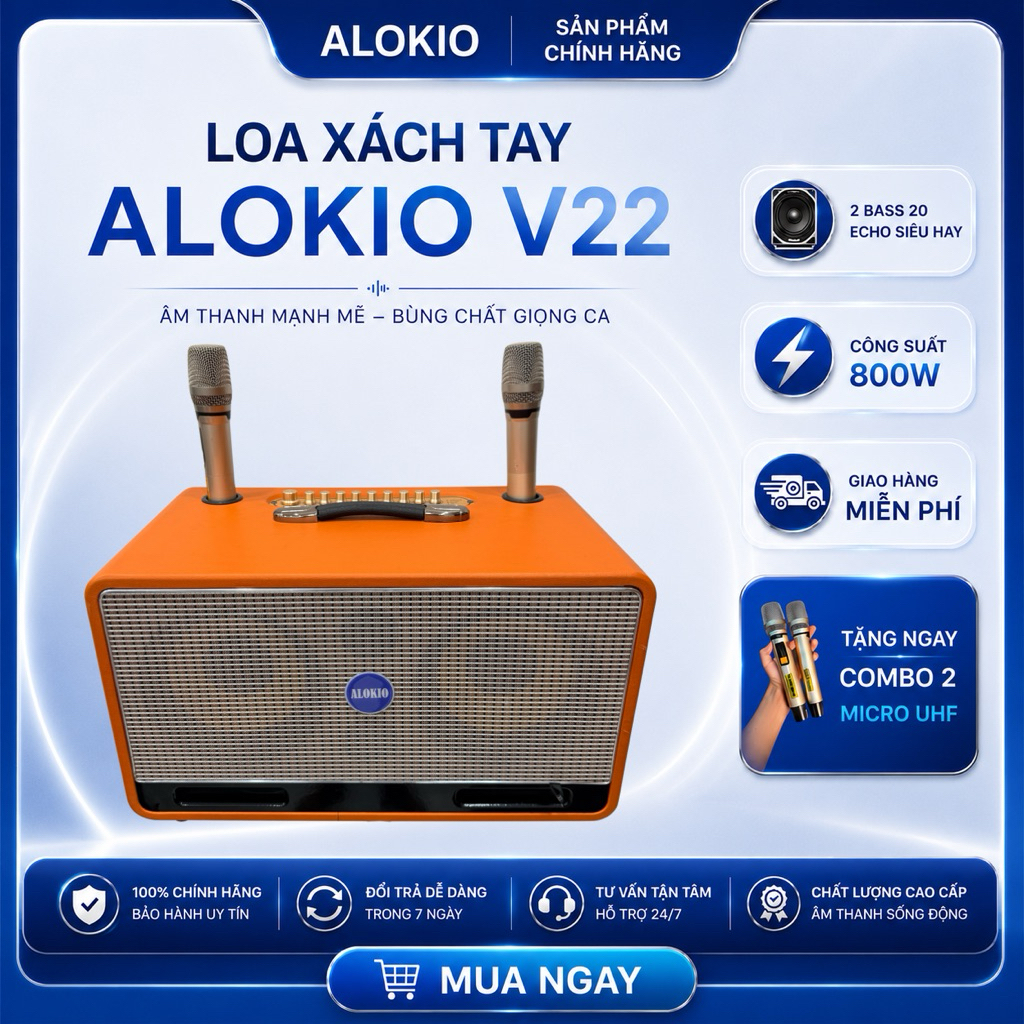 [CHÍNH HÃNG] Loa Kéo Xách Tay ALOKIO V22 2 Bass 20 Kèm 2 Mic Karaoke Bluetooth Công Suất Lớn - Màu C